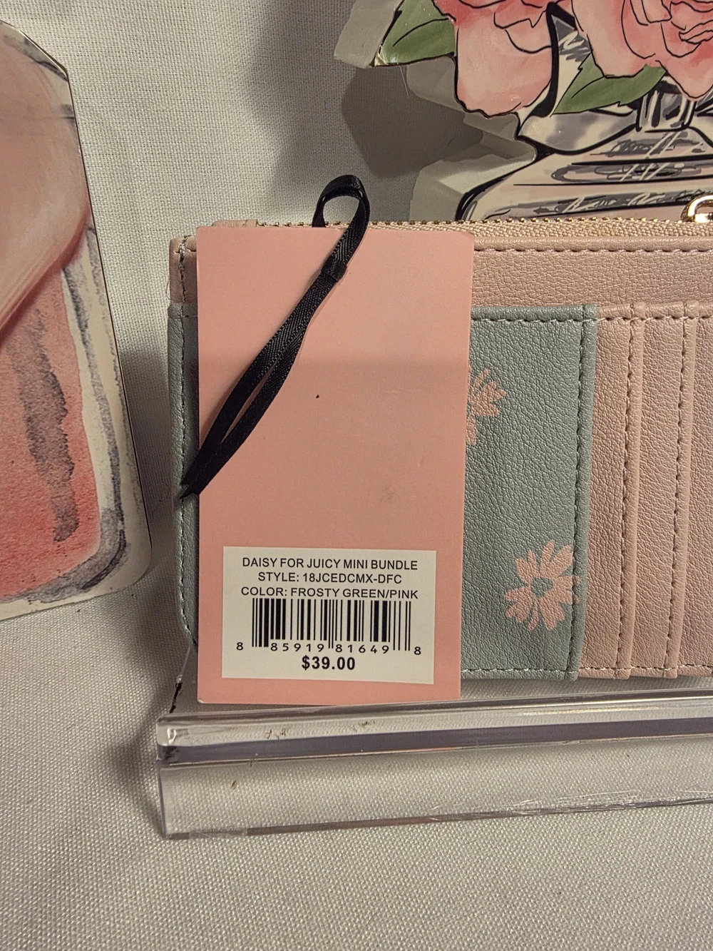 Juicy Couture Floral Zip Card Case & Daisy Coin Purse - Pastel Pink & Mint